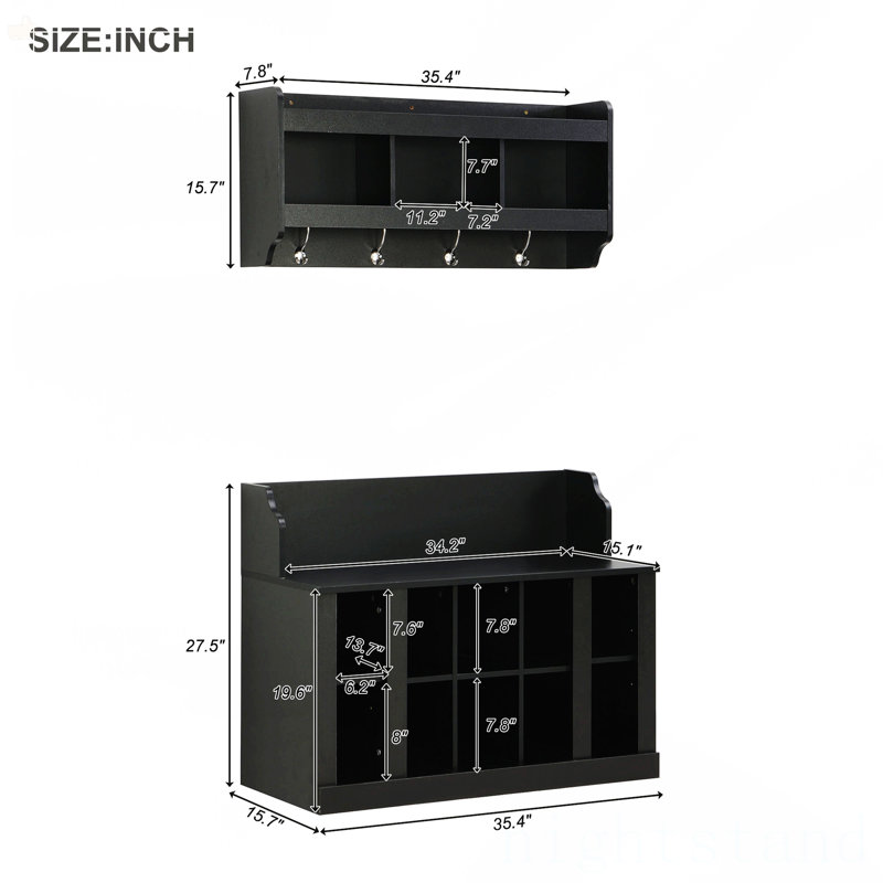 Shoe Storage Bench With Shelves And 4 Hooks, Black