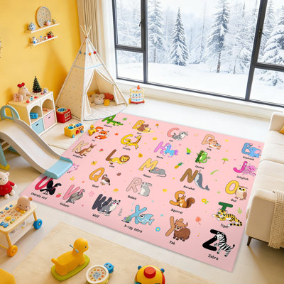 Rugs for Playroom, ABC Educational Rug 5x7 ft,Soft & Machine Washable Non-Slip Area Rug with Cute Cartoon Animal Patterns for Classroom Decor,Pink