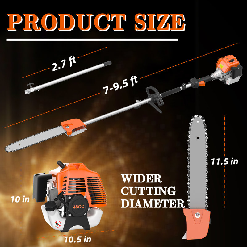 Scie à perche motorisée, 48 cm³, moteur thermique 2 temps, pour l'élagage d'arbres, avec une rallonge sans fil de 4,9 m (16 pi) de longueur et une capacité de coupe de 29 cm (11,5 po). Idéale pour l'élagage, la taille des arbustes et la coupe des branches.