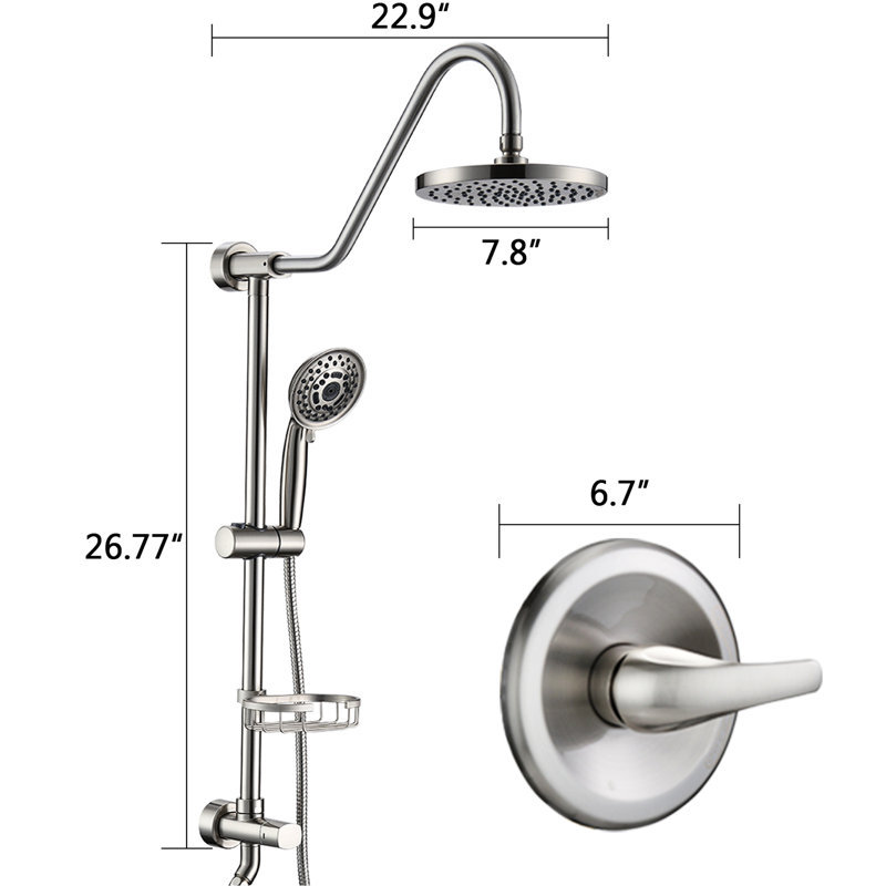 Brushed Nickel Shower Outfit With 2.5 Gpm Flow - Optimal Water 8" Large Rain Head & Diverter Valve Convenient Showering
