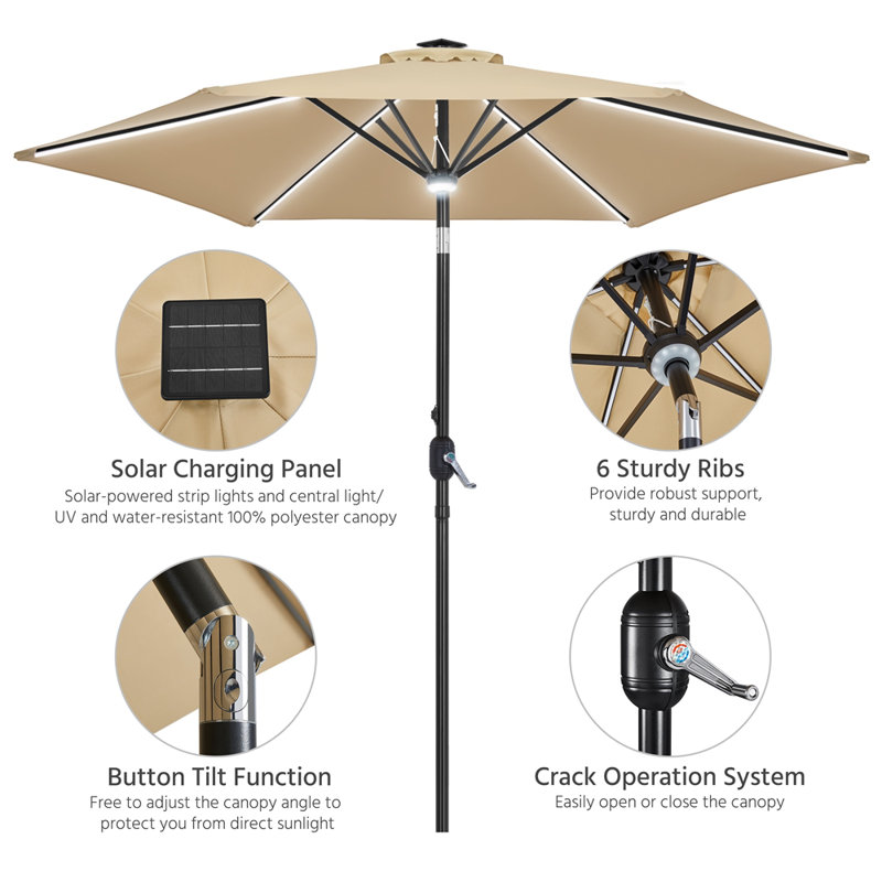 108” Solar-Powered Tilt Patio Umbrella Outdoor Parasol with Central Light, Tan