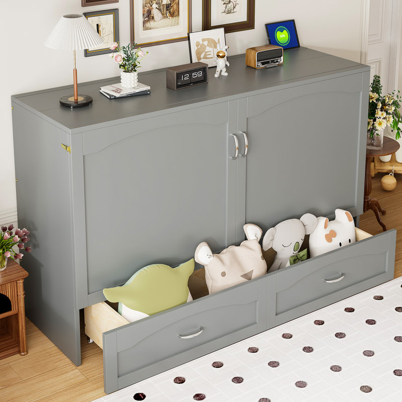 Lit escamotable Murphy avec tiroir et ensemble de prises et ports USB, structure à poulie, Gris