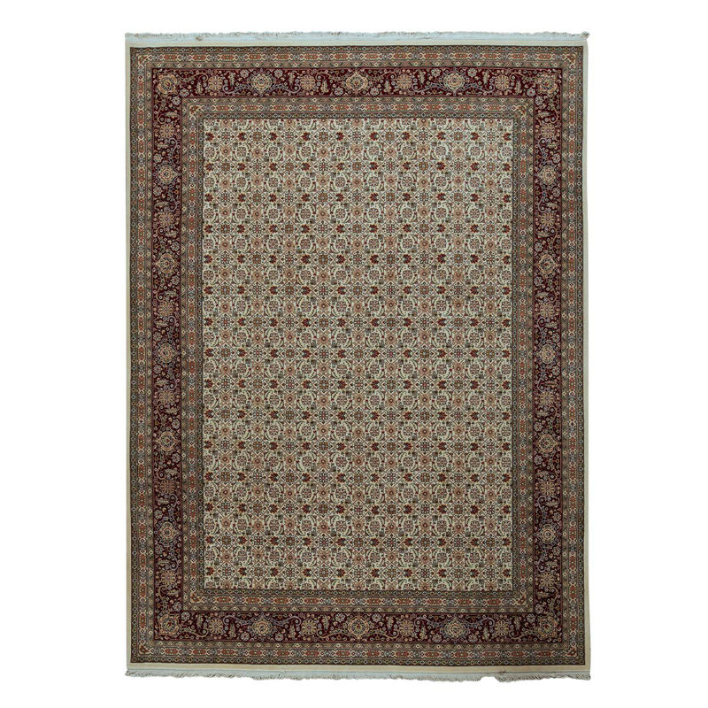 Tapis oriental ivoire / rouge en laine et soie tissé à la main 9 pi x 12 pi Oriental