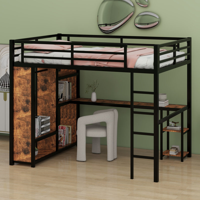 Metal Loft Bed Frame With Built-In Wardrobe, Desk And Storage Shelves, Black/Woodgrain