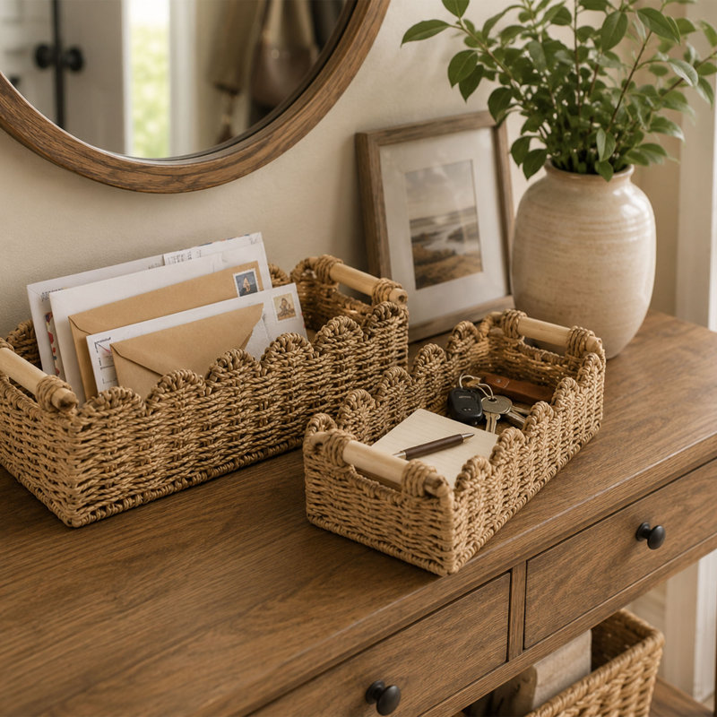 Paper Rope Storage Basket Set of 2 with Wooden Handles, Scalloped Woven Organizer Baskets for Toilet Paper, Bathroom and Home Storage Decor, Beige