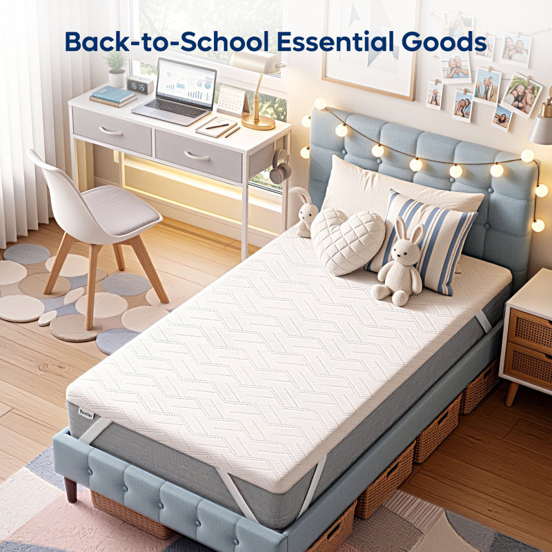 Cooling Gel Memory Foam Mattress Topper with Ice Silk Cooling Cover, Medium Firm Support for Back Pain, Non-Slip Corner Straps, Removable Washable Cover, Pressure Relief