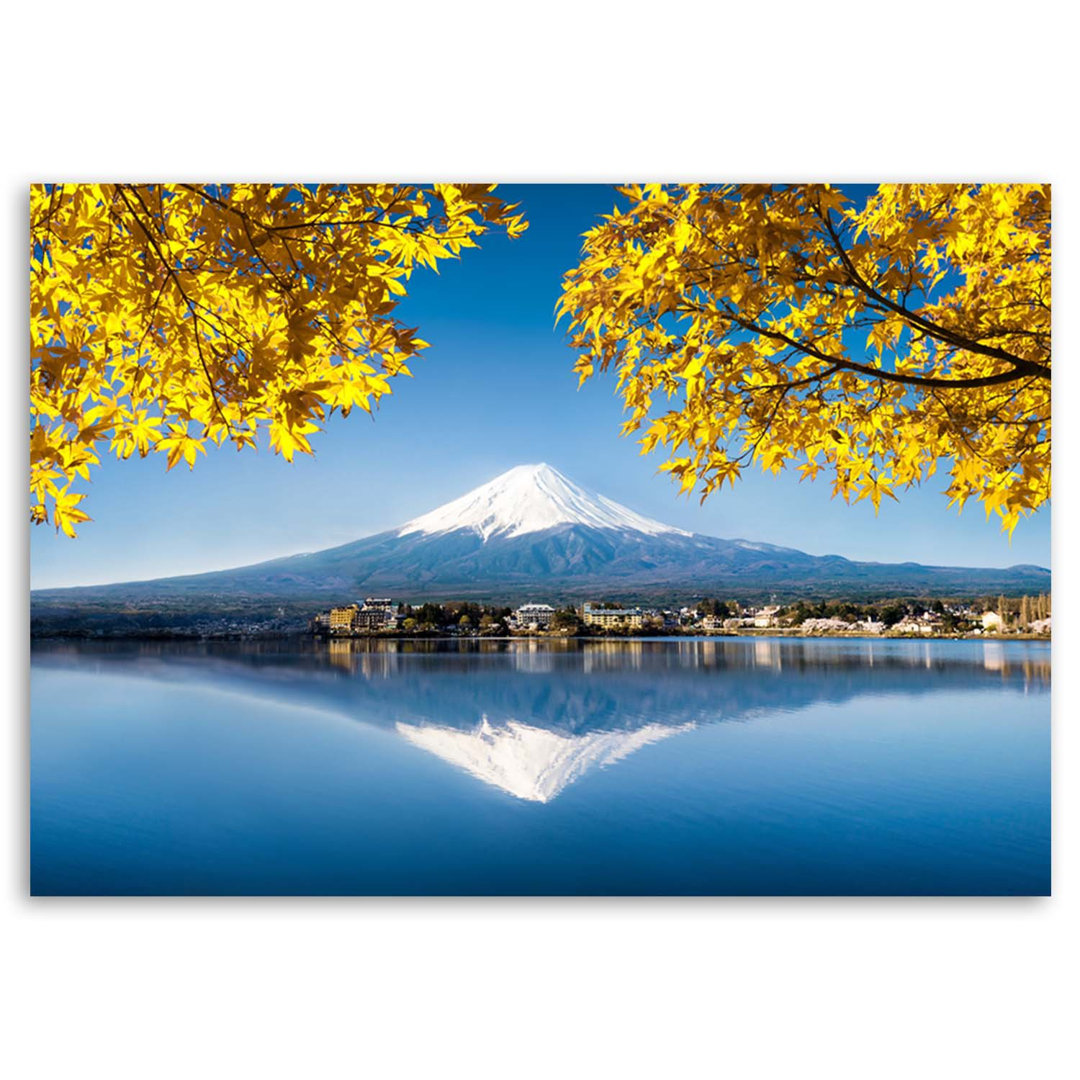 Leinwandbild Berg Fuji, See und gelbe Blätter