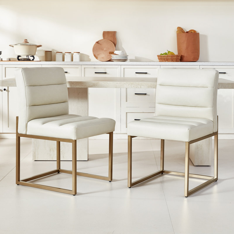 GrandNoor Modern Beige Faux Leather Dining Chairs Set of 2, Soft Thick Upholstered Kitchen Chairs with Gold Sturdy Metal Legs,Adjustable Foot Pads Dining Room Chairs