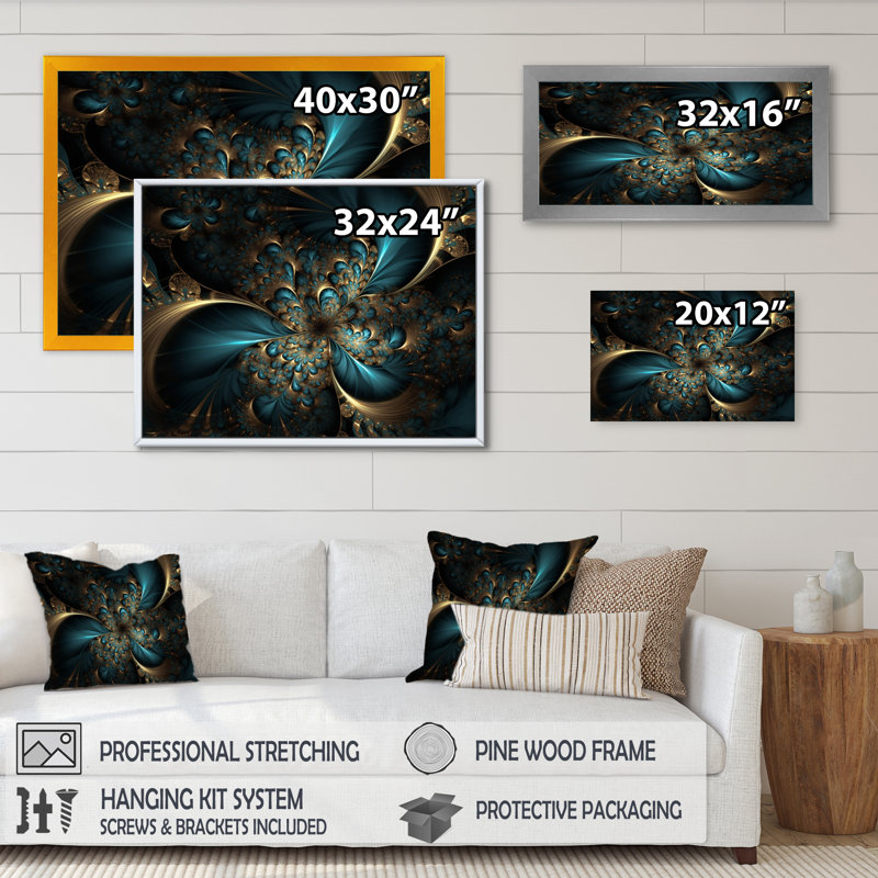 Or et bleu, l'abandon de la fractale I - reproduction, H 16 po x l 32 po x P 1 po, Cadre photo noir