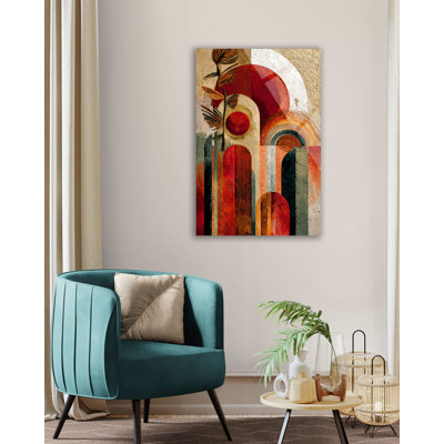 Art mural abstrait abstrait géométrique en verre trempé - décor bohème moderne Mid Century, alternative de toile arche rouge terreux, grand cadeau de bureau texturé
