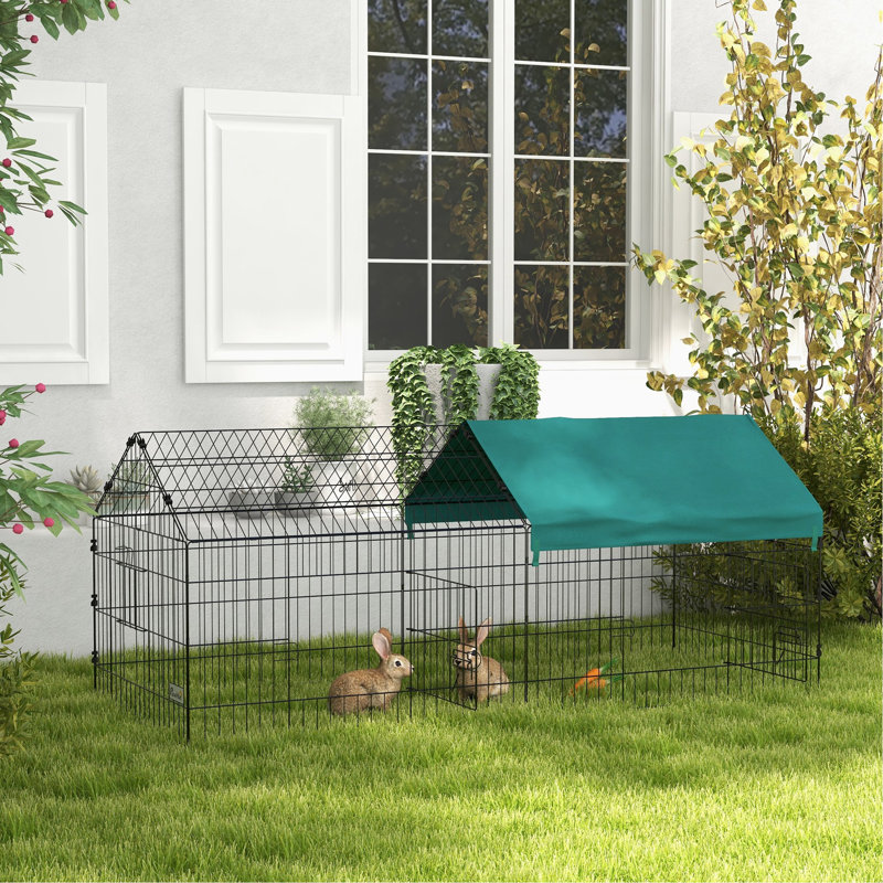 Parc pour petits animaux 73 po - pour lapins, poulets, chinchillas. Cage intérieure et extérieure. Pinces verrouillables, assemblage facile, multiples piquets de sol, toit ombragé pour cage de confort extérieure.