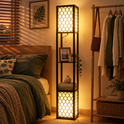 62-Inch 2-Light Shelf Floor Lamp with 2 Storage Shelves, Fabric Shade, Pull Chains and Foot Switch, Black