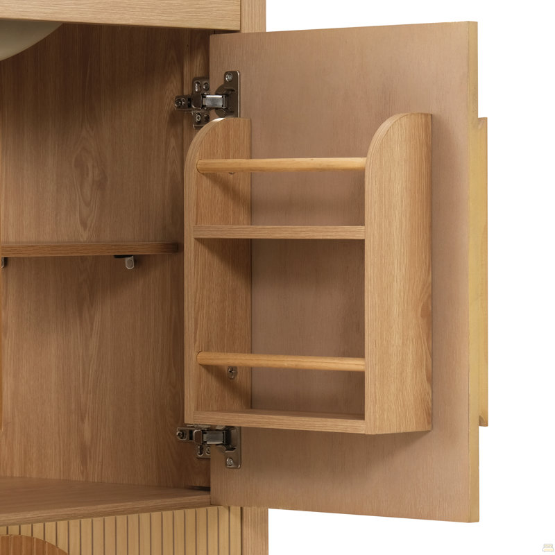 Meuble-lavabo de salle de bain cannelé de 30 pouces avec lavabo - Armoire en bois moderne autoportante avec portes à fermeture en douceur, 1 tiroir et rangement ouvert, décoration circulaire décorative, bois massif et panneau de fibres à densité moyenne,