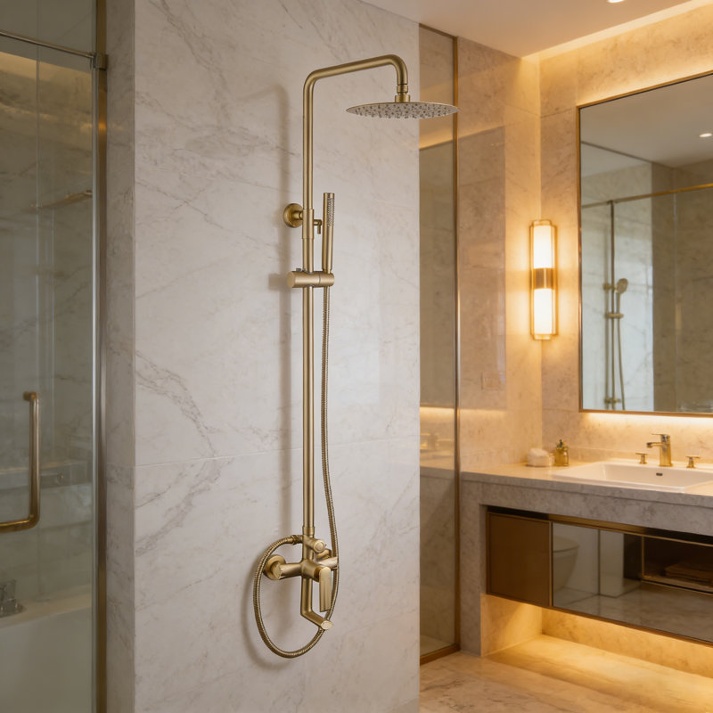 Système de douche mural brossé à pression équilibrée avec pomme de douche à pluie haute pression, douchette à main et barre coulissante réglable