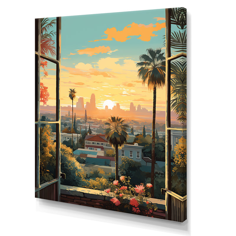 «Vintage Los Angeles Windows View 3 - Floral Window», art mural rétro, Toile tendue, H 20 po x l 12 po x P 1 po
