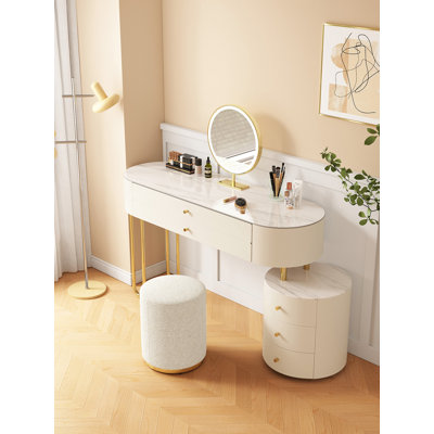 Ensemble de coiffeuse Jahnea-Elegant: table de coiffeuse et tabouret à finition ardoise en cuir Saddle, support en acier inoxydable, installation réversible et miroir à DEL à intensité variable