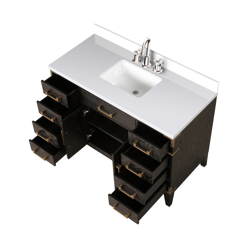 Meuble-lavabo simple en chêne brun 48 po X P 22 po D, dessus en quartz blanc et ensemble de robinet, Chêne brun