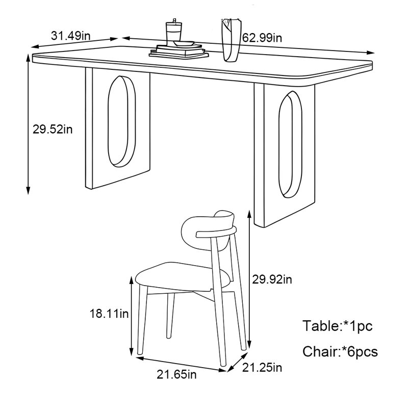 Solid wood rectangular retro dining table set, 29.52"H x 62.99"L x 31.49"W