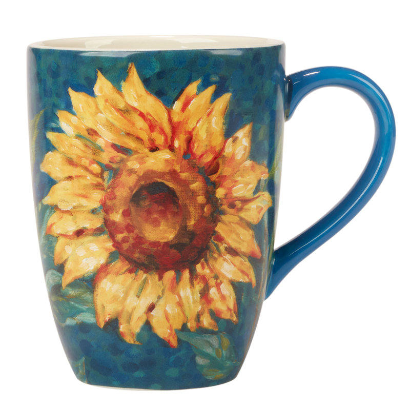 Golden Sunflower Blue Ceramic 20 oz Mug Set
