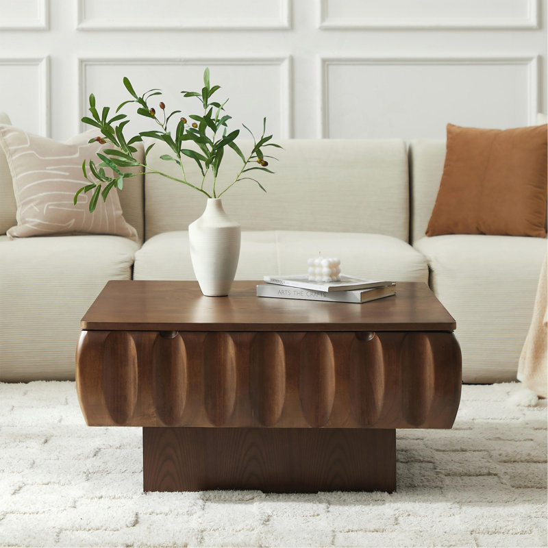 Table basse carrée à plateau relevable avec structure en bois massif et rangement caché, Noyer, Noyer, Noyer