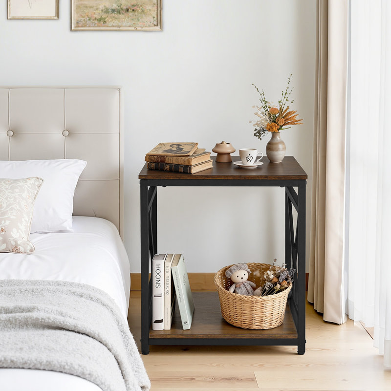 Table de bout, table d'appoint carrée à 2 niveaux avec tablettes de rangement ouvertes, table de chevet moderne avec structure en X en métal, canapé-lit en bois pour salon, chambre à coucher, bureau, dortoir, brun