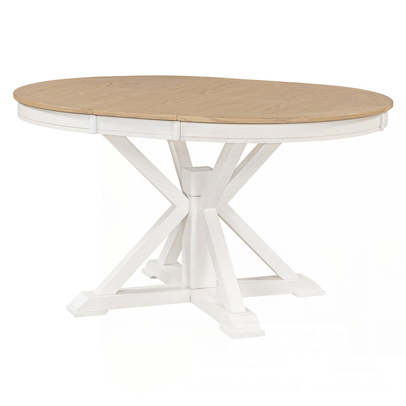 Retro Functional Extendable Dining Table With A 12" Leaf For Dining Room And Living Room, Natural Wood/Off White