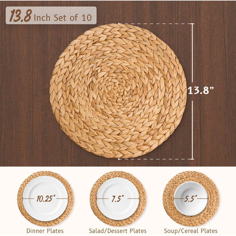 Round Woven Placemats Set Of 10 - Boho Farmhouse Rattan Wicker Table Mats, Natural Jute Braided Chargers For Dining Table Decor, Rustic Place Mats For Dinner Plates