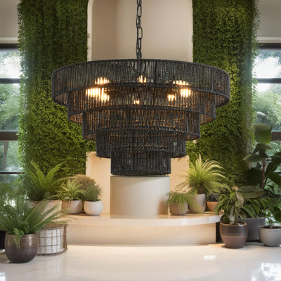 25" Rustic 5-Tier Hemp Rope Pendant Light Chandelier with 8 E12 Sockets, Boho Farmhouse