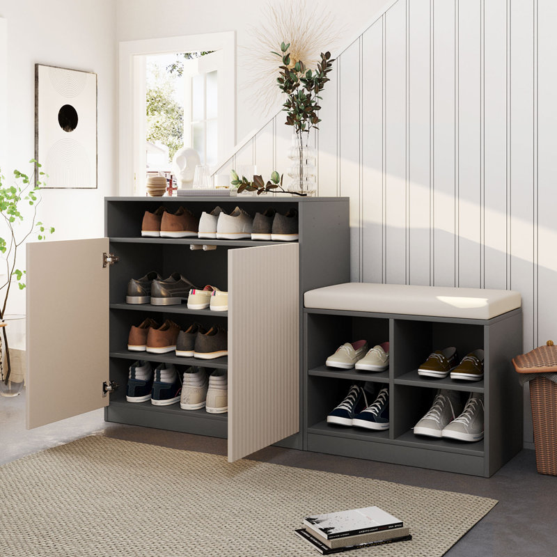 Range-chaussures avec banc et coussin, Gris