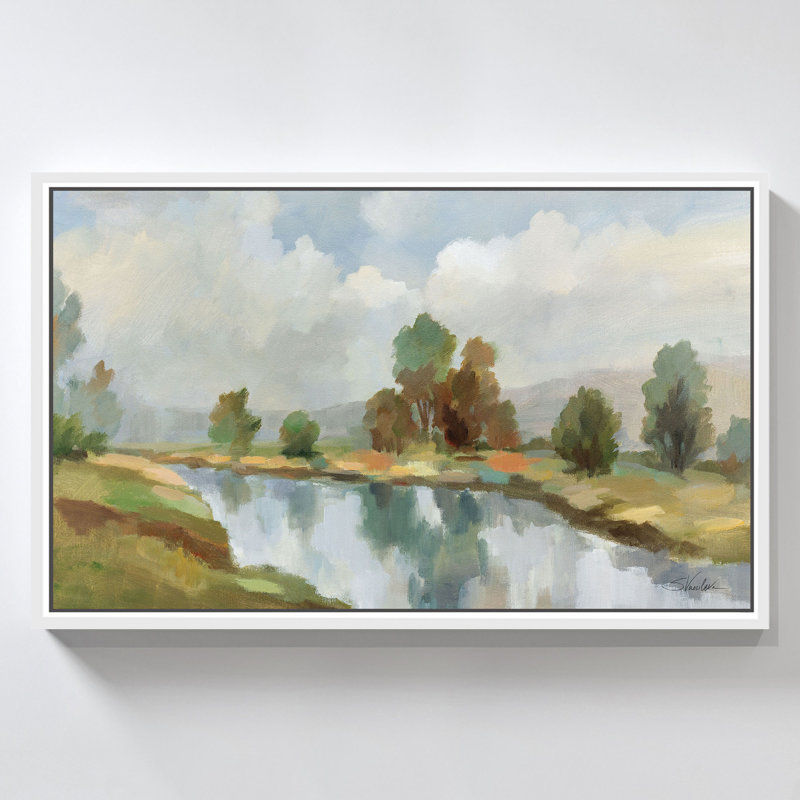 "River and Clouds" par Silvia Vassileva, reproduction sur toile dans un cadre flottant, H 39,5 po x l 63,5 po, Blanc