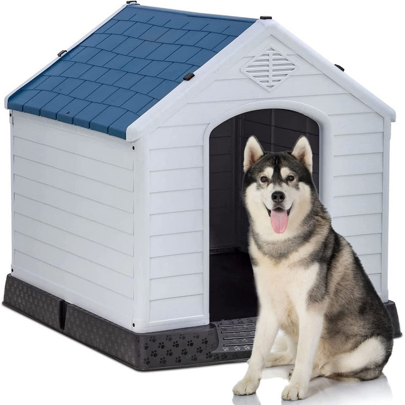 Niche pour chien en plastique bleu / blanc Straus, H 26 po x l 37,4 po x P 41 po