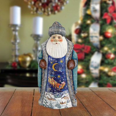 Wood Carved Sledding In The Night Skies Santa Figurine By G.Debrekht