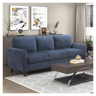 Contemporary 3-Seater Sofa with Rolled Arms, Blue Chenille Upholstery and Pocket Coil Cushions