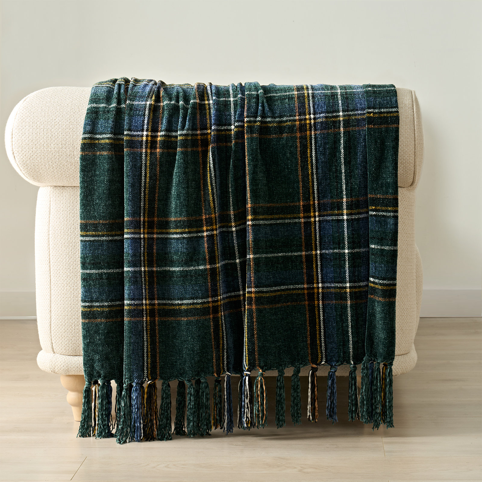 Chenille Throw Blanket, 60" L x 50" W, Pine Green Plaid