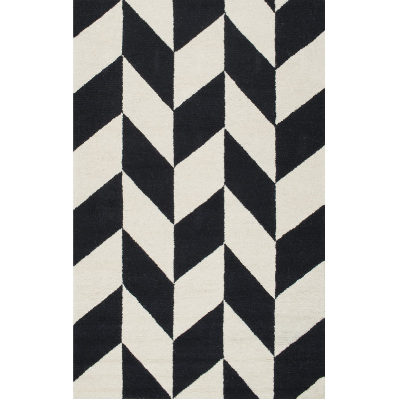 Tapis noir / blanc en laine touffeté à la main à motif géométrique Tilley, Rectangle 8 pi 6 po x 11 pi 6 po