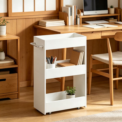 Wood Rolling Storage Cart, 7.9" Wide 3-Tier White Slim Utility Kitchen Cart On Wheels With Handle, Narrow Shelving Unit For Laundry Room, Bathroom, Small Spaces