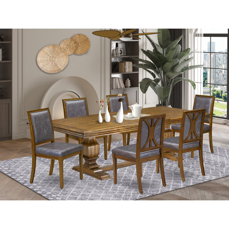 Ensemble de table de salle à manger moderne 7 pièces composé d'une table de salle à manger et de 6 chaises de cuisine en similicuir gris foncé avec dossier haut - finition noyer antique