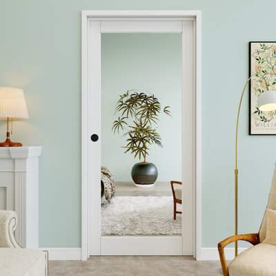 32" x 80" 1-Lite Mirror Interior Prehung Door with Round Knob and Black Hinges, One Side Mirror, Paintable & Waterproof, Suit for Laundry, Closet Doors, Room Doors, Right Hand
