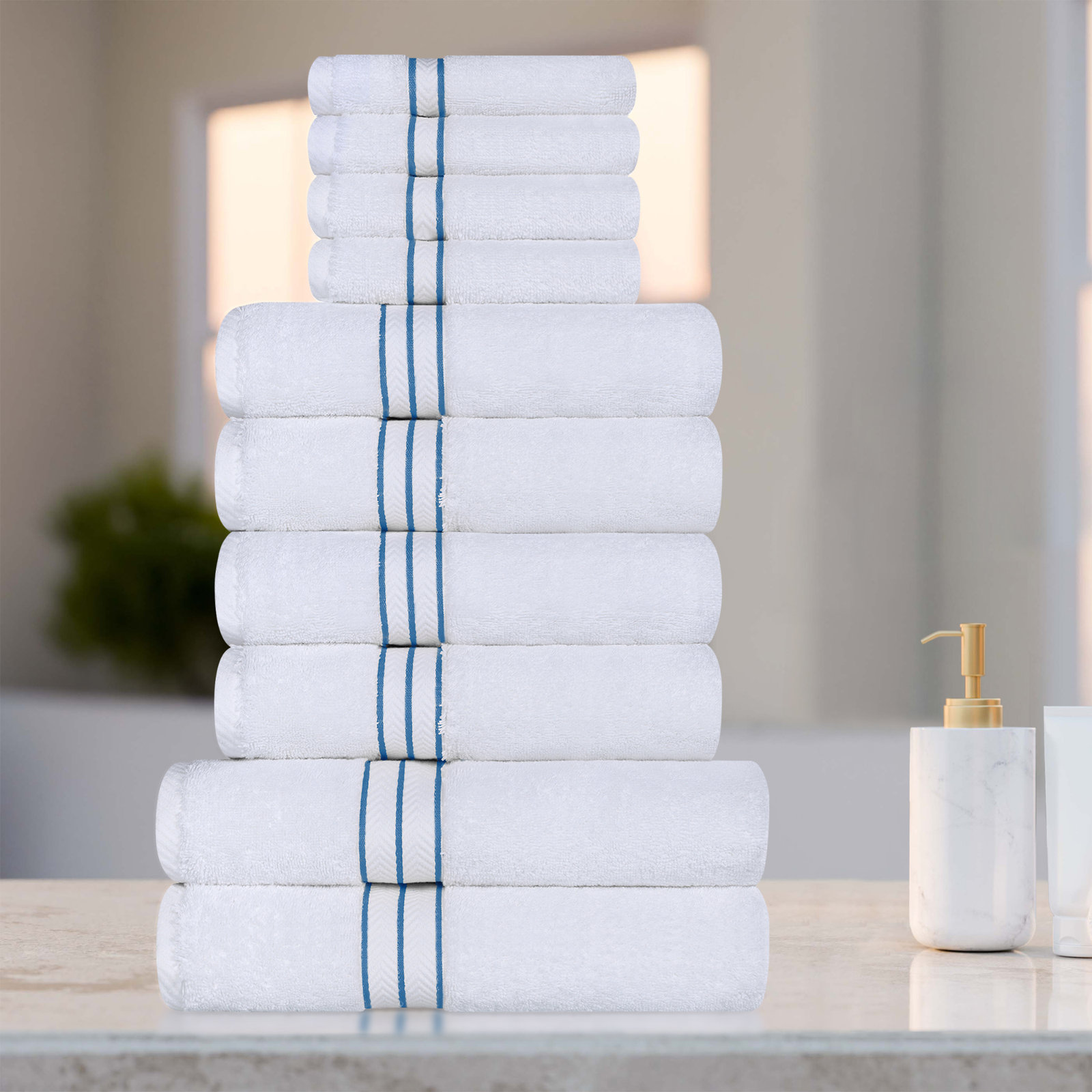 Josann Turkish Cotton Ultra-Plush Solid 10 Piece Highly Absorbent Heavyweight Towel Set, Light Blue