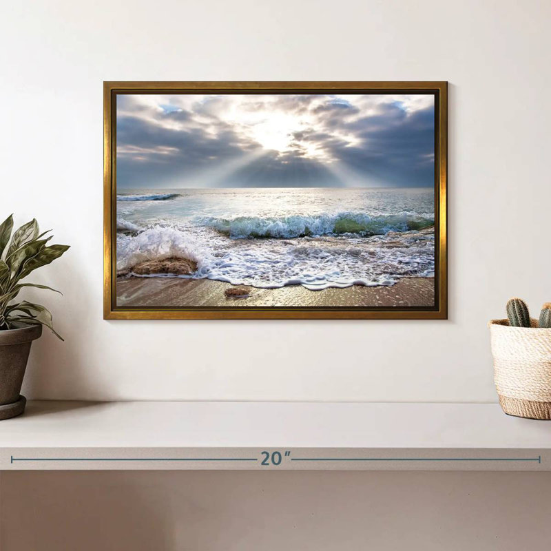 L'océan au lever du soleil, Cadre flottant doré, 13 po x 9 po