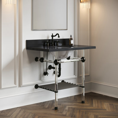 Évier de console Kingston en laiton KVPK36KAB7 36 "avec pieds en acrylique (8 pouces, 3 trous), granit noir / laiton brossé Kingston