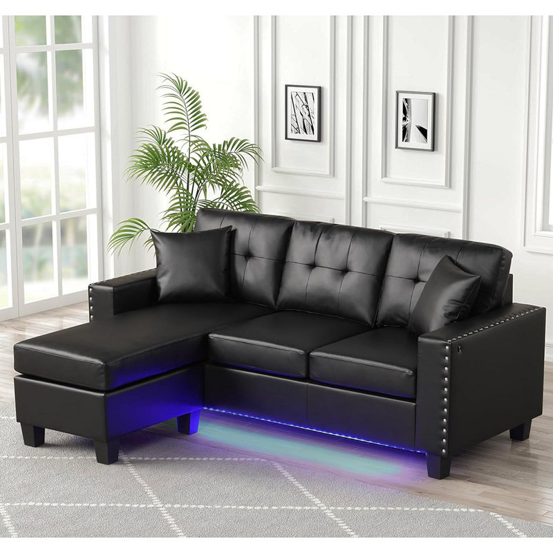 Canapé modulaire réversible en PVC avec lumière DEL et coussins décoratifs, noir