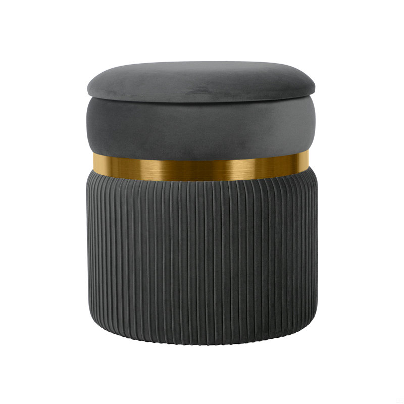 Velvet Round Ottoman With Storage, Gray/Gold