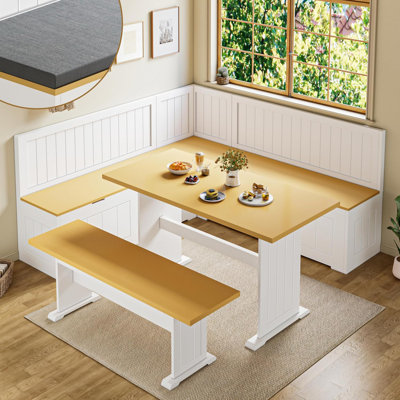 63" Breakfast Nook Dining Set, L Shaped Corner Bench with Back, Table Bench Set with Storage