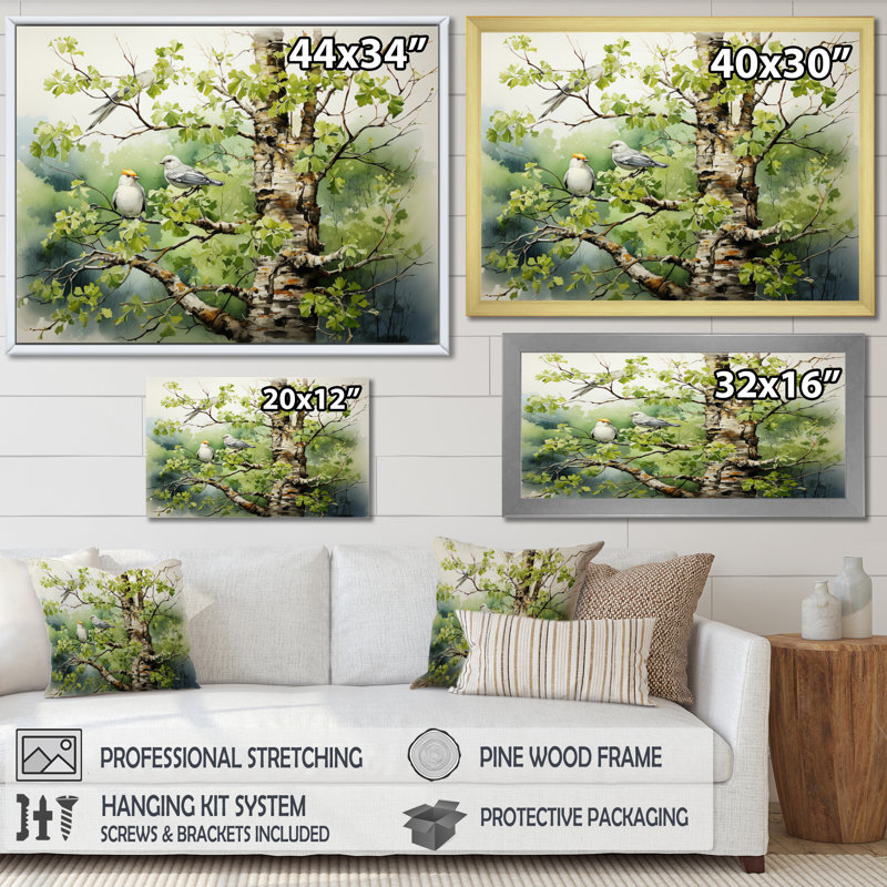 Green Tree Bird Sycamore Serenade - Floral Canvas Art Print88, H 24 po x l 32 po x P 1 po, Noir