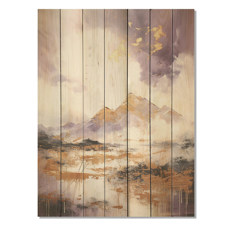 Mauve et doré lac et montagne VII - Paysage abstrait sur bois, H 40 po x l 30 po