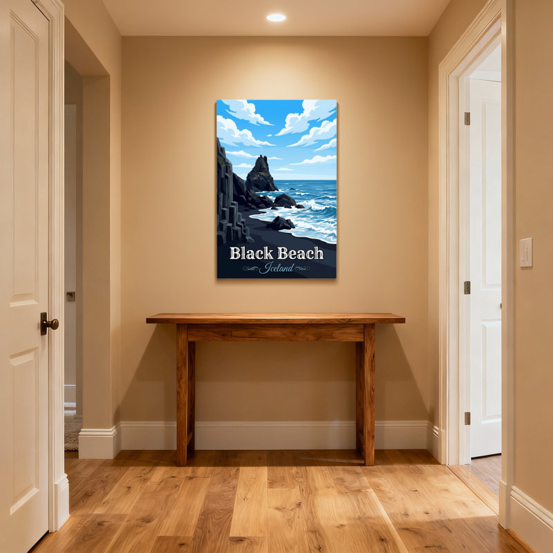 Paysages pittoresques et urbains, plage noire, Islande, océan, vagues, roches, ciel, nuages, H 24 po x l 36 po, Toile tendue