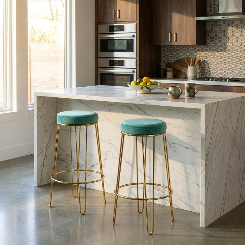 Upholstered Velvet Counter Stool with Steel Frame