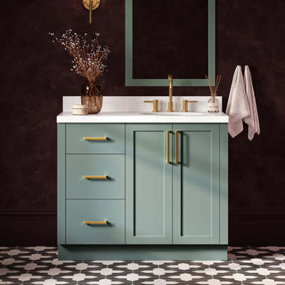Meuble-lavabo de salle de bain avec lavabo ovale simple décalé à droite de 42 pouces et comptoir en quartz blanc de Carrare de 1,5 pouce, couleur vert vintage