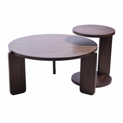 32.68 Inch Nesting Round Wood Coffee Table With End Table Set Of 2, Walnut Veneer Top With Water And Wear-Resisting PU Painting Side Table For Living